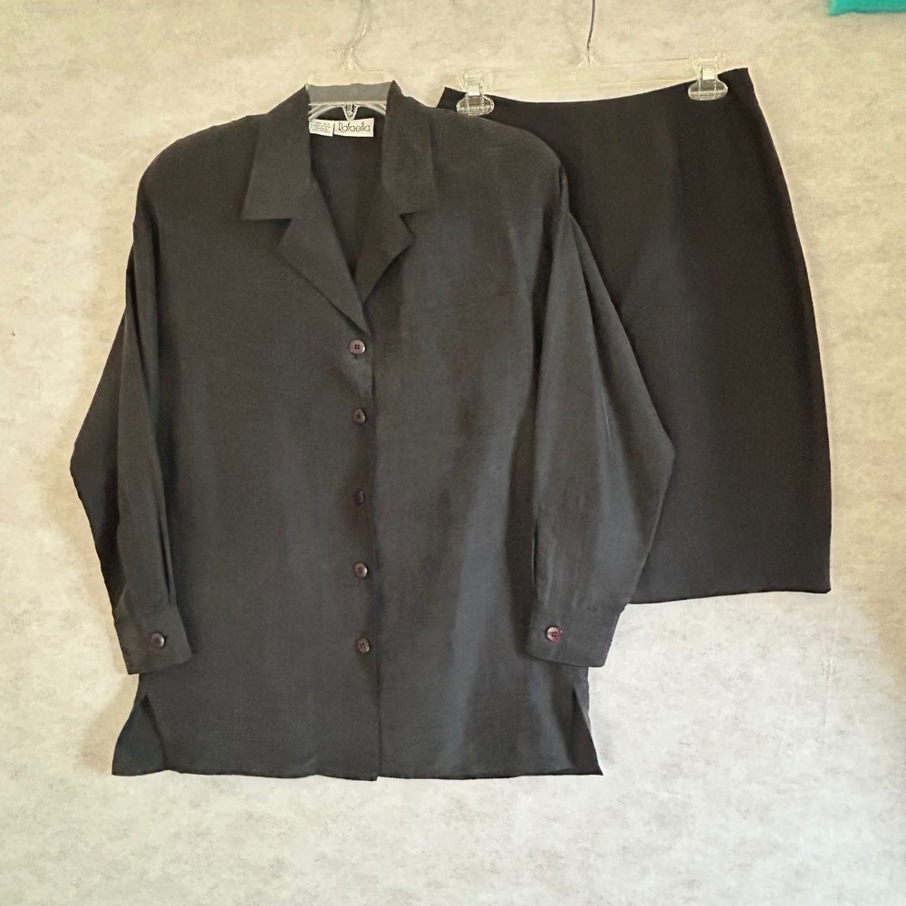 Rafaella Womens 100% Silk 2 Piece Set Shirt and Skirt Black Medium RN 62018‎